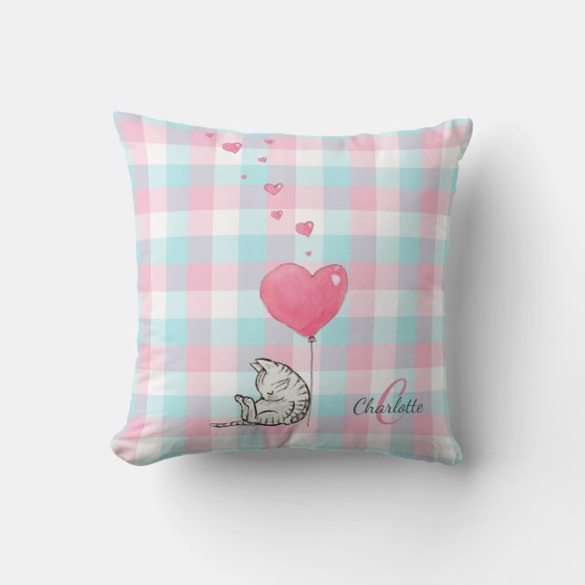 Cute Sleepy Cat Pink Blue Monogram  Throw Pillow (Front)