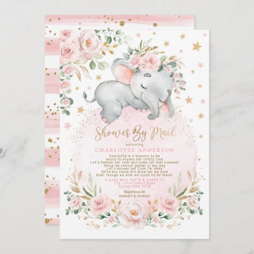 Cute Sleepy Elephant Pink Gold Baby Shower By Mail Invitation
