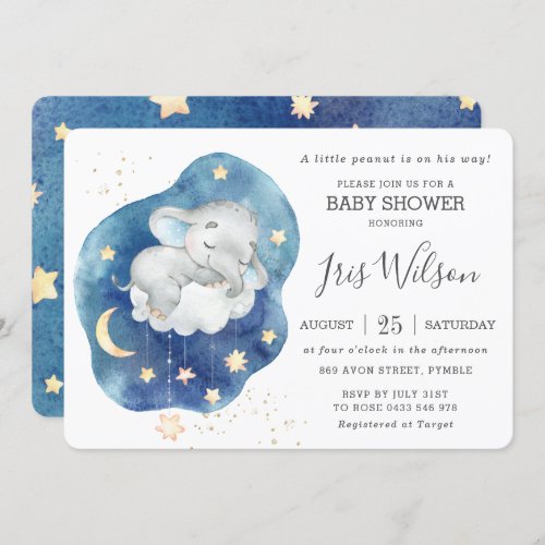 Cute Sleepy Elephant Twinkle Star Baby Shower Boy Invitation