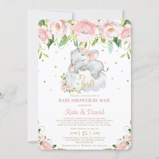 Cute Sleepy Elephant Virtual Baby Shower by Mail Invitation (Front)