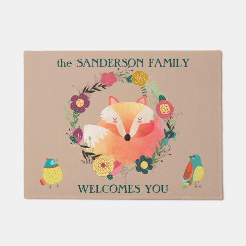 Cute Sleepy Fox in Floral Wreath Doormat