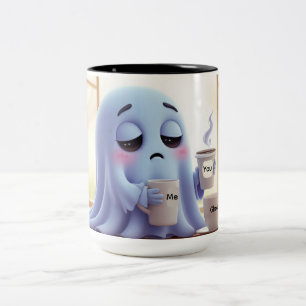 Cute Sleepy Ghost Sipping Coffee On Quiet Morning Two-Tone Coffee Mug