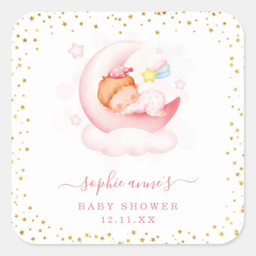 Cute Sleepy Girl Over The Moon Baby Shower Square Sticker