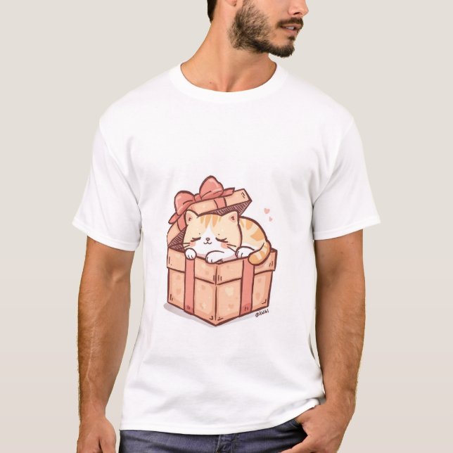 Cute Sleepy Kawaii Cat in Gift Box  - Cozy Surpris T-Shirt (Front)
