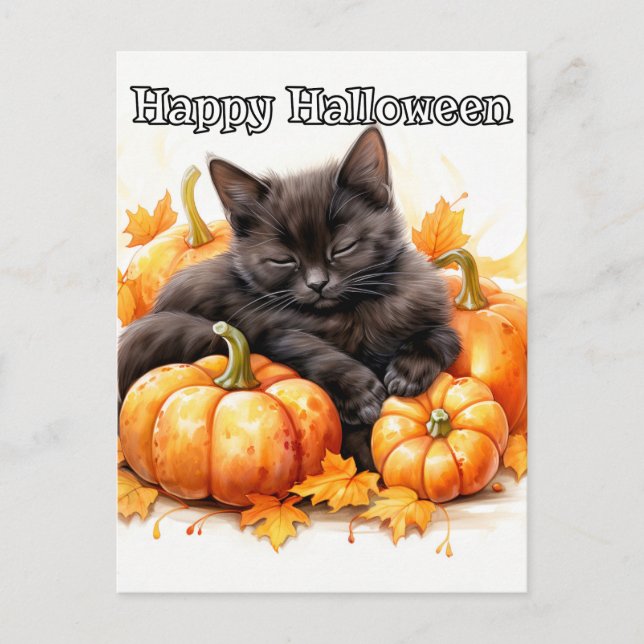 Cute Sleepy Little Black Halloween Kitten Postcard (Front)