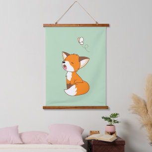 Cute Sleepy Little Fox Green Hanging Tapestry