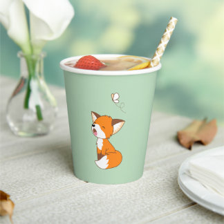 Cute Sleepy Little Fox on Green Paper Cups