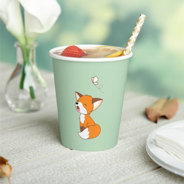 Cute Sleepy Little Fox on Green Paper Cups (Insitu)