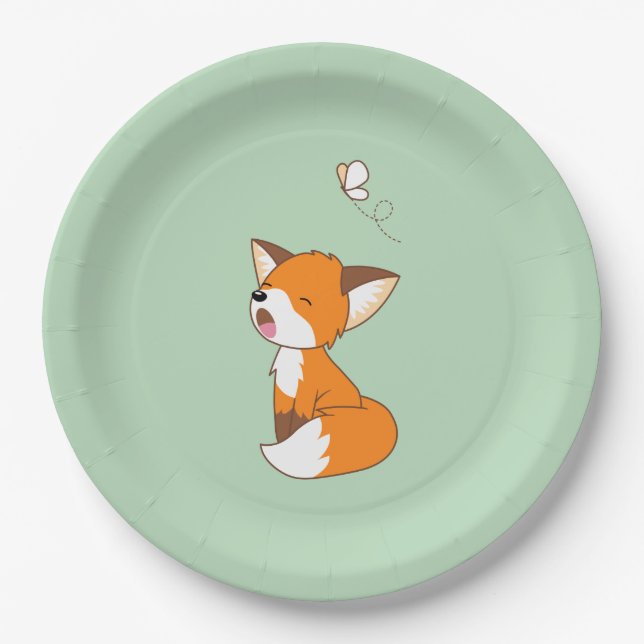 Cute Sleepy Little Fox on Green Paper Plates (Front)