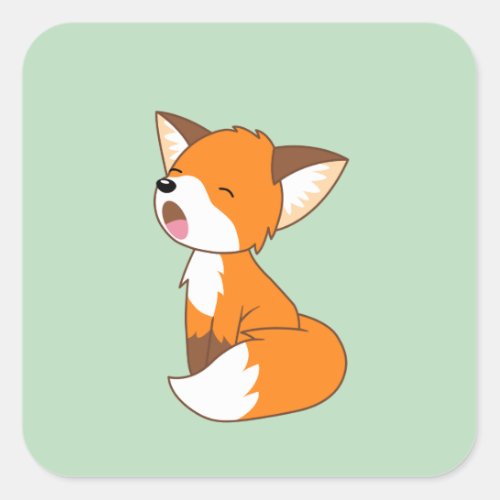 Cute Sleepy Little Fox on Green Square Sticker