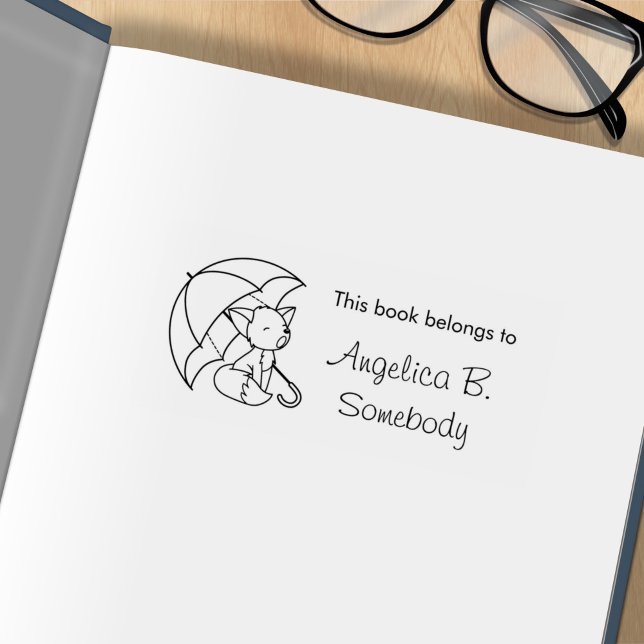 Cute Sleepy Little Fox under Umbrella Bookplate Rubber Stamp (Creator Uploaded)