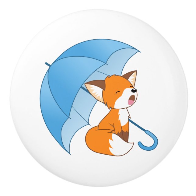 Cute Sleepy Little Fox under Umbrella Ceramic Knob (Front)