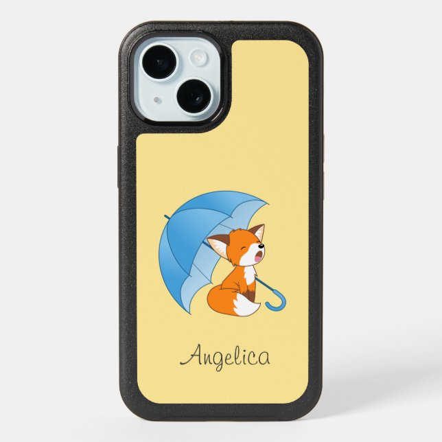Cute Sleepy Little Fox under Umbrella iPhone 15 Case (Back)