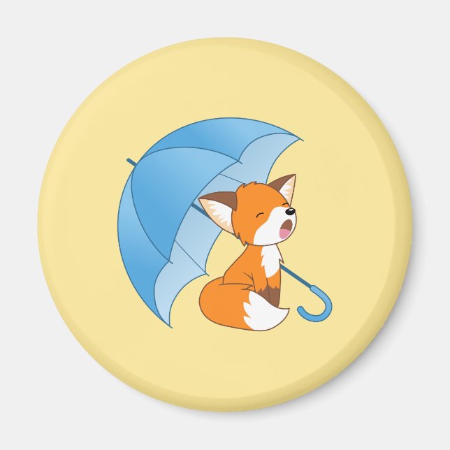 Cute Sleepy Little Fox under Umbrella on Yellow Magnet (Front)