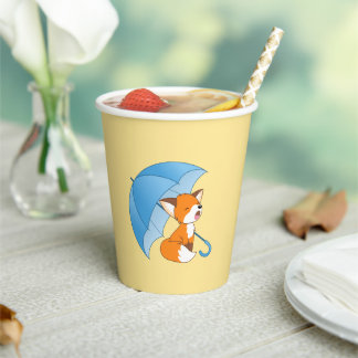 Cute Sleepy Little Fox under Umbrella on Yellow Paper Cups