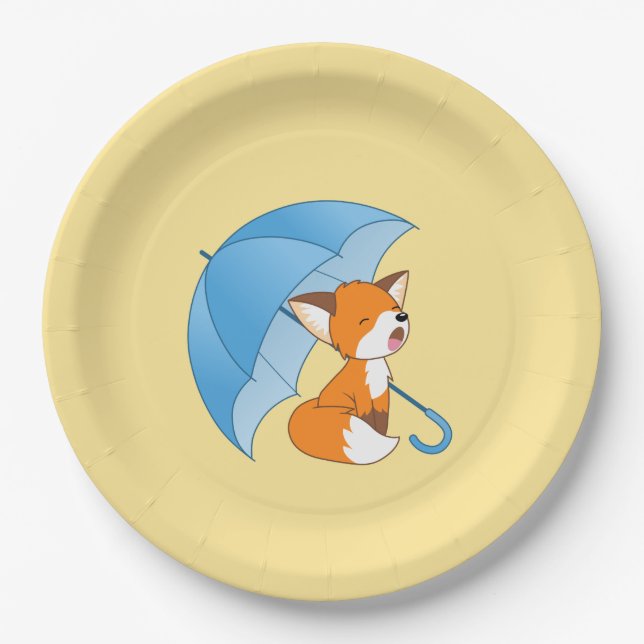 Cute Sleepy Little Fox under Umbrella on Yellow Paper Plates (Front)