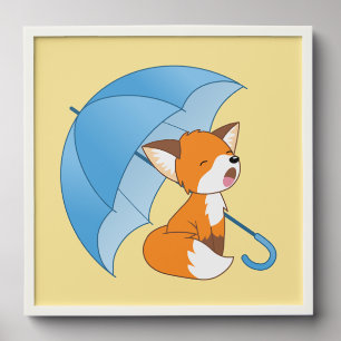 Cute Sleepy Little Fox under Umbrella on Yellow Peel And Stick Photo Tile
