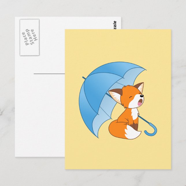 Cute Sleepy Little Fox under Umbrella Postcard (Front/Back)