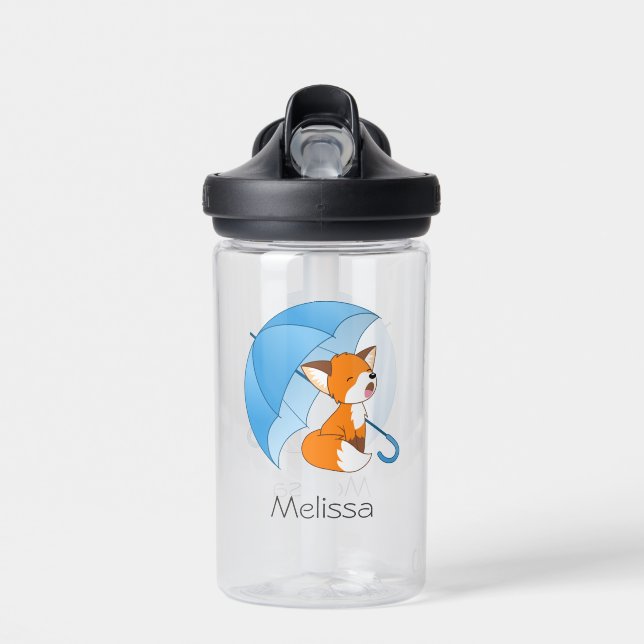 Cute Sleepy Little Fox under Umbrella Water Bottle (Front)