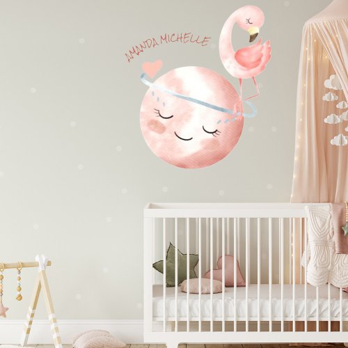 Cute Sleepy Moon  Flamingo Custom Name Nursery Wall Decal