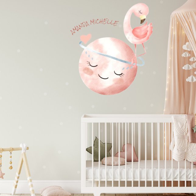 Cute Sleepy Moon & Flamingo Custom Name Nursery Wall Decal (Creator Uploaded)