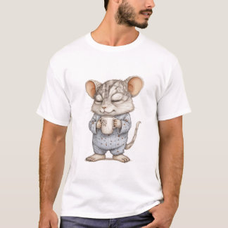 Cute Sleepy Mouse in Pajamas Holding Coffee Mug – T-Shirt