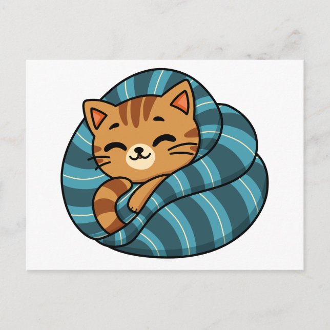 Cute Sleepy Orange Cat Under Blanket Kawaii Design Postcard (Front)