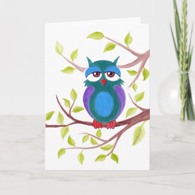 Cute sleepy owl on a tree cartoon painting card (Front)