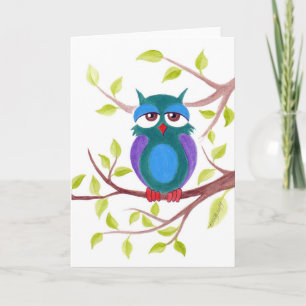 Cute sleepy owl on a tree cartoon painting card