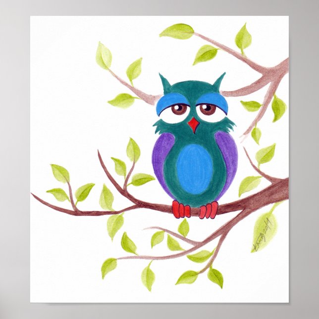 Cute sleepy owl on a tree Cartoon painting Poster (Front)