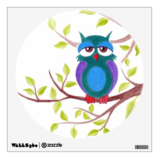 Cute sleepy owl on a tree Cartoon painting Wall Decal (Front)