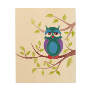 Cute sleepy owl on a tree cartoon painting wood wall art