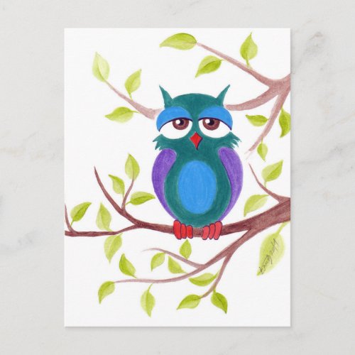 Cute sleepy owl on a tree cartoon postcard