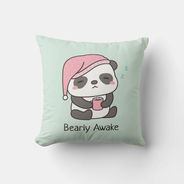 Cute Sleepy Panda Bearly Awake Pun throw pillow (Front)