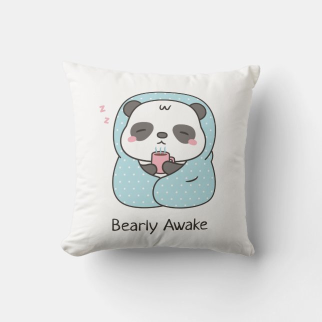 Cute Sleepy Panda Cozy in Blanket throw pillow (Front)