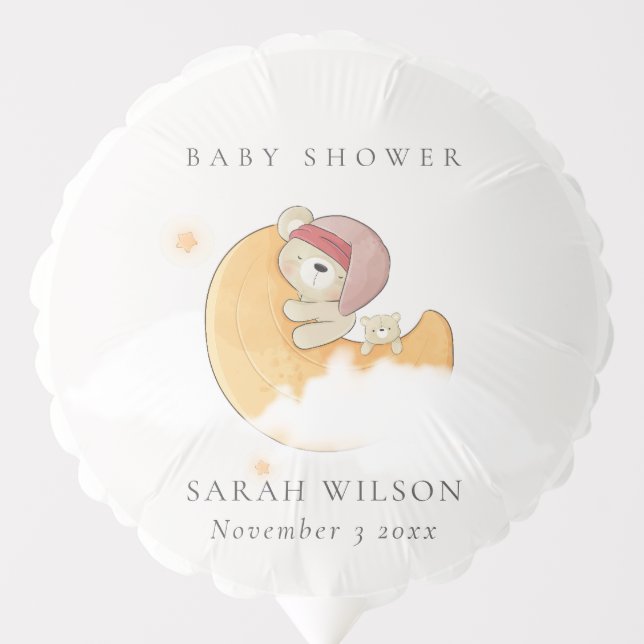 Cute Sleepy Pink Bear Over Moon Girl Baby Shower Balloon (Front)
