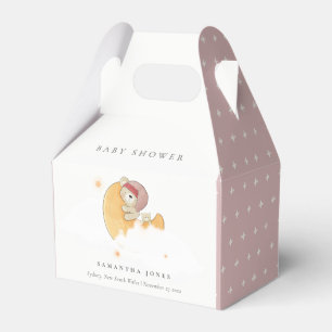 Cute Sleepy Pink Bear Over Moon Girl Baby Shower Favor Boxes
