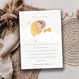 Cute Sleepy Pink Bear Over Moon Girl Baby Shower Thank You Card