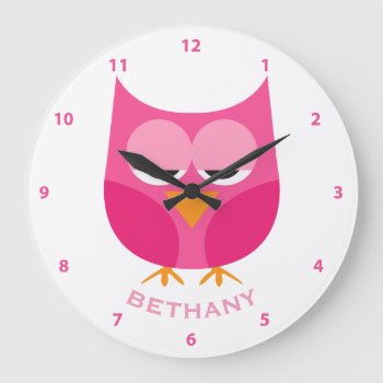 Cute Sleepy Pink Owl Personalized With Numbers Large Clock by JK_Graphics at Zazzle
