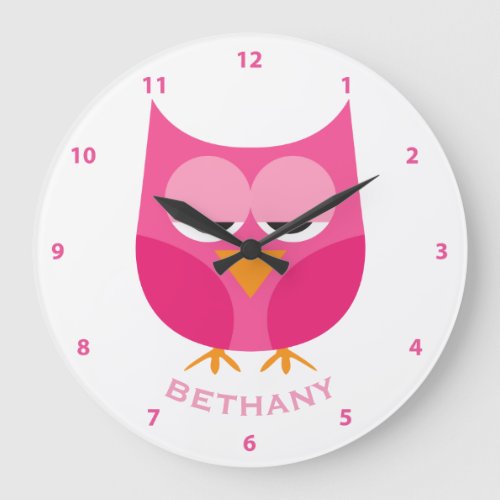 Cute Sleepy Pink Owl Personalized With Numbers Large Clock