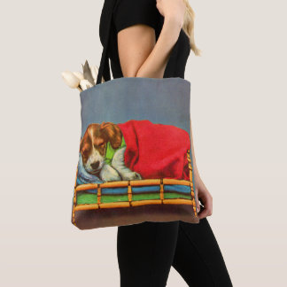 cute sleepy puppy print tote bag