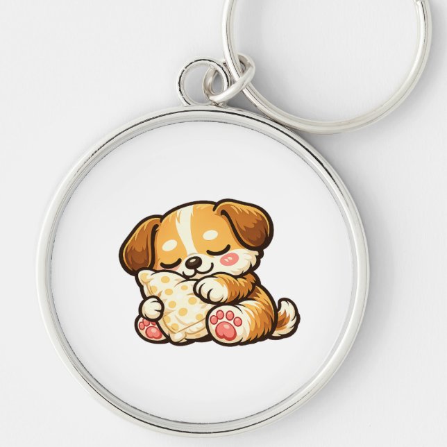 Cute Sleepy Puppy with Pillow Keychain (Front)