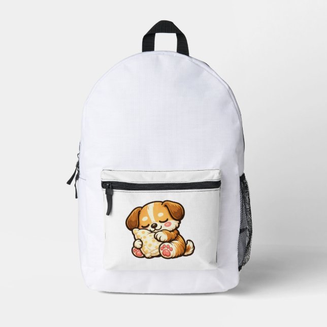 Cute Sleepy Puppy with Pillow Printed Backpack (Front)