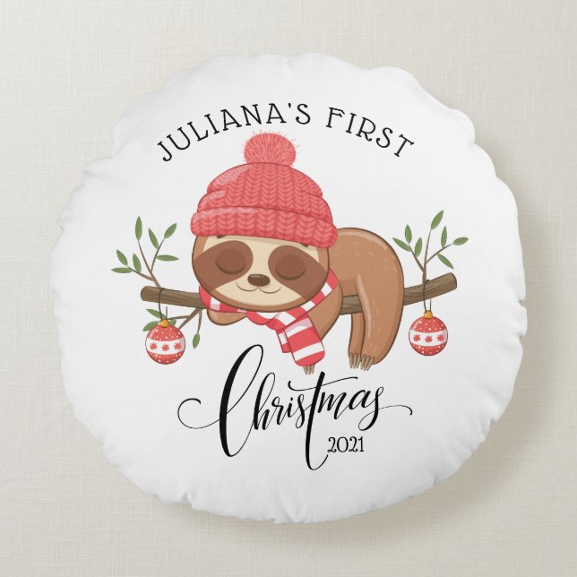 Cute Sleepy Sloth Baby's First Christmas Round Pillow (Front)