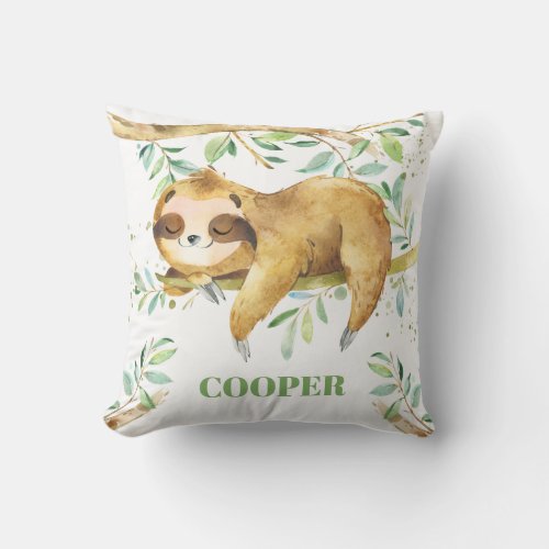Cute Sleepy Sloth Forest Greenery Boy Nursery Throw Pillow