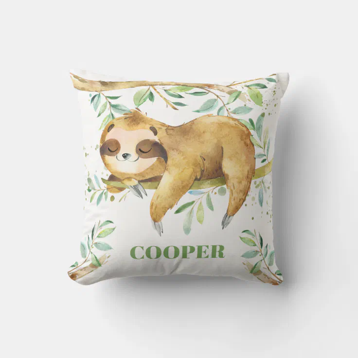 Cute Sleepy Sloth Forest Greenery Boy Nursery Throw Pillow | Zazzle