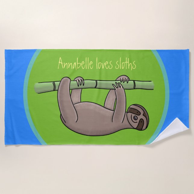 Cute sleepy sloth hanging on green bamboo cartoon beach towel (Front)