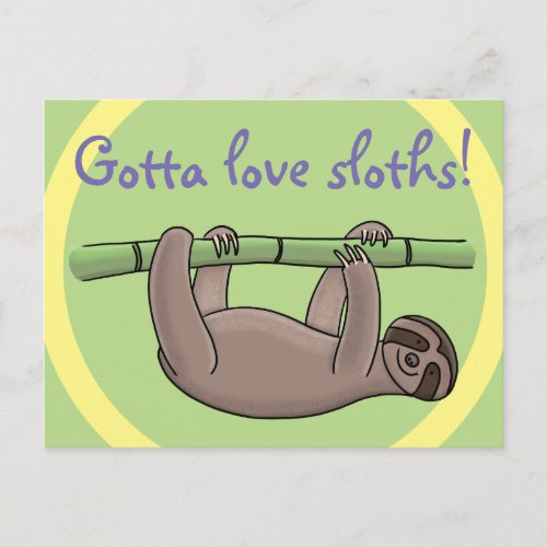 Cute sleepy sloth hanging on green bamboo cartoon postcard