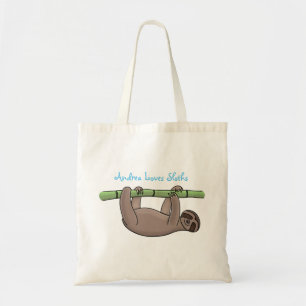 Cute sleepy sloth hanging on green bamboo cartoon tote bag