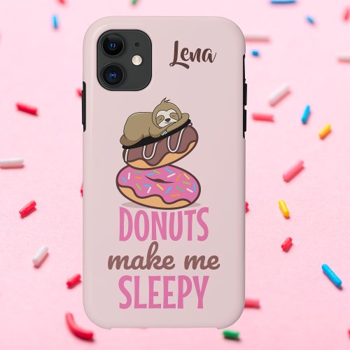 Cute Sleepy Sloth Resting on Pink Sprinkle Donuts iPhone 11 Case